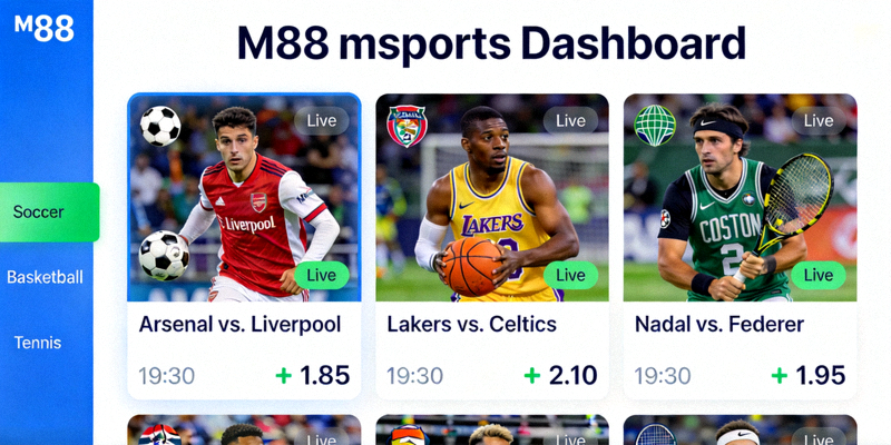 Tampilan dashboard M88 msports yang menunjukkan berbagai pertandingan olahraga dan odds yang tersedia
